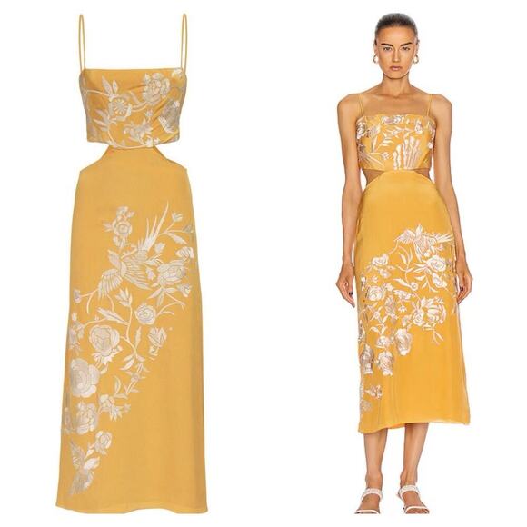 JOHANNA ORTIZ Embroidered Cut Out Midi Dress 12 L Silk Yellow Gold Floral $2250